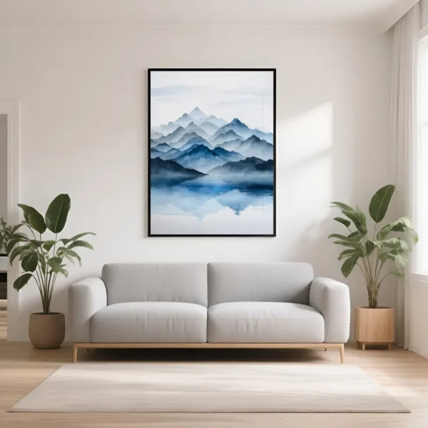 PixuPrint Misty Blue Mountains Lake Reflection