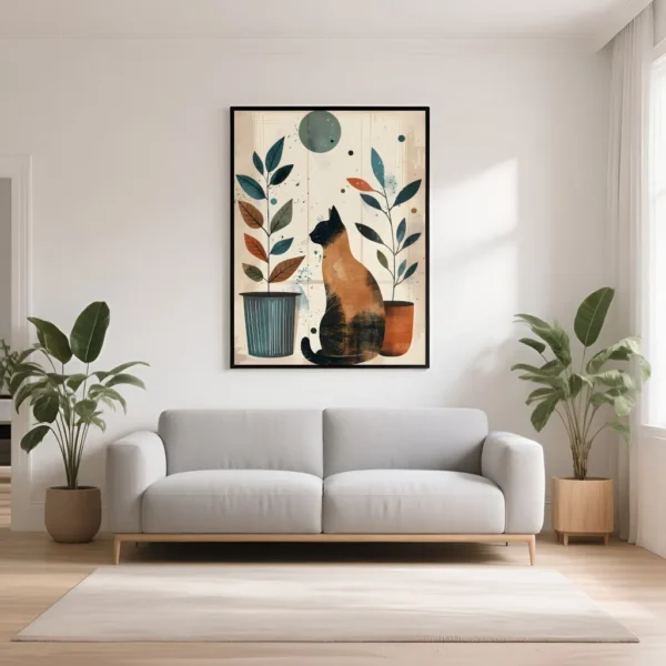PixuPrint Cat Sitting Floor Potted Plants Boho