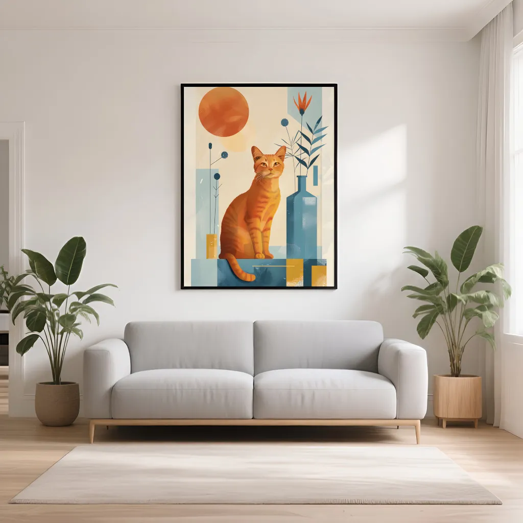 PixuPrint Stylized Cat Sitting Floor Surrounded Boho