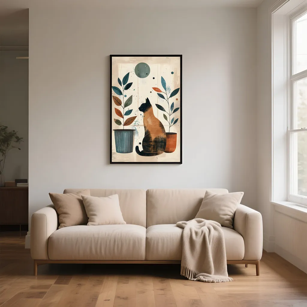 PixuPrint Cat Sitting Floor Potted Plants Boho
