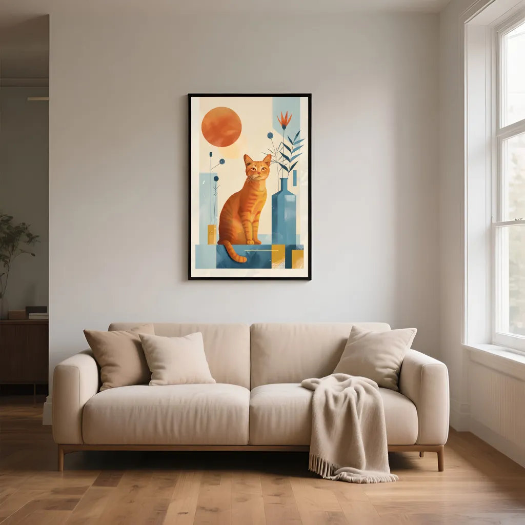 PixuPrint Stylized Cat Sitting Floor Surrounded Boho