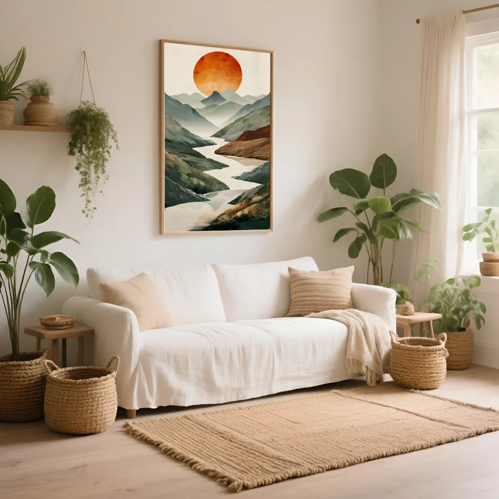 PixuPrint Minimalist Landscape Mountains Sun Rendered Boho