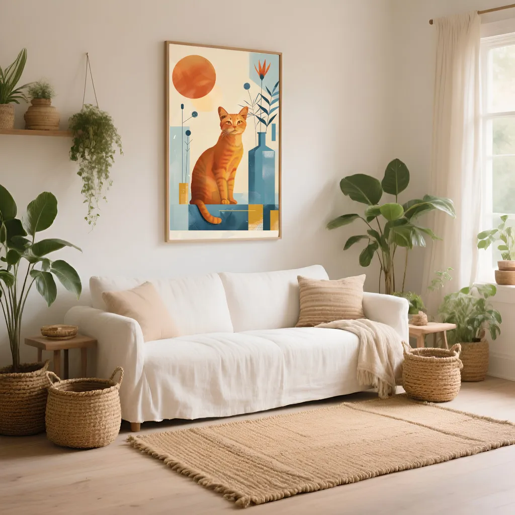 PixuPrint Stylized Cat Sitting Floor Surrounded Boho
