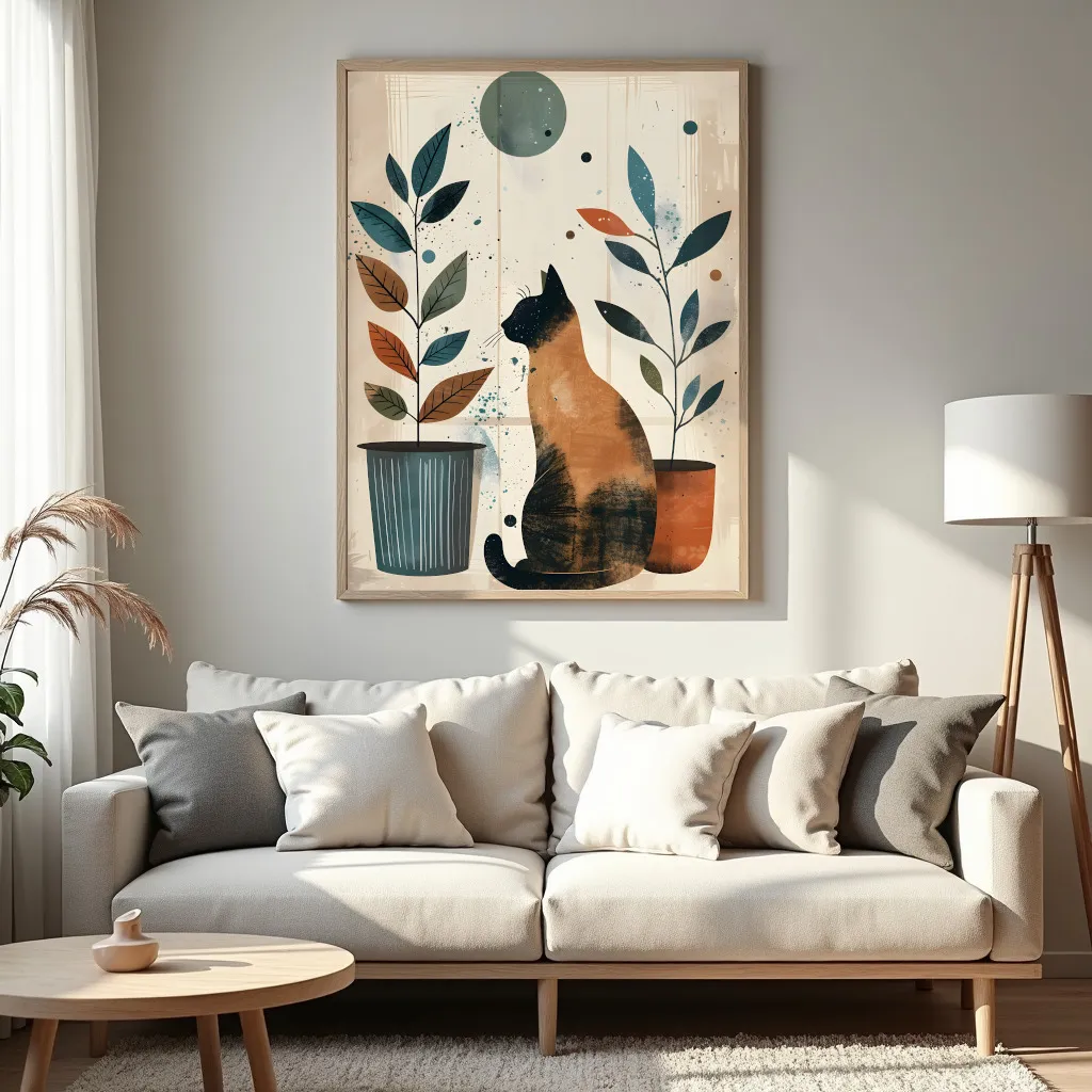 PixuPrint Cat Sitting Floor Potted Plants Boho