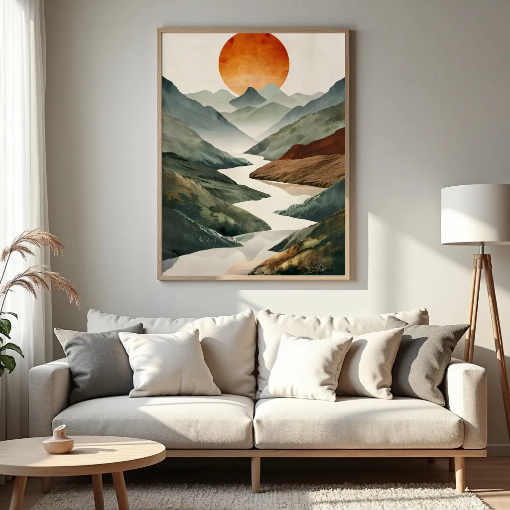 PixuPrint Minimalist Landscape Mountains Sun Rendered Boho