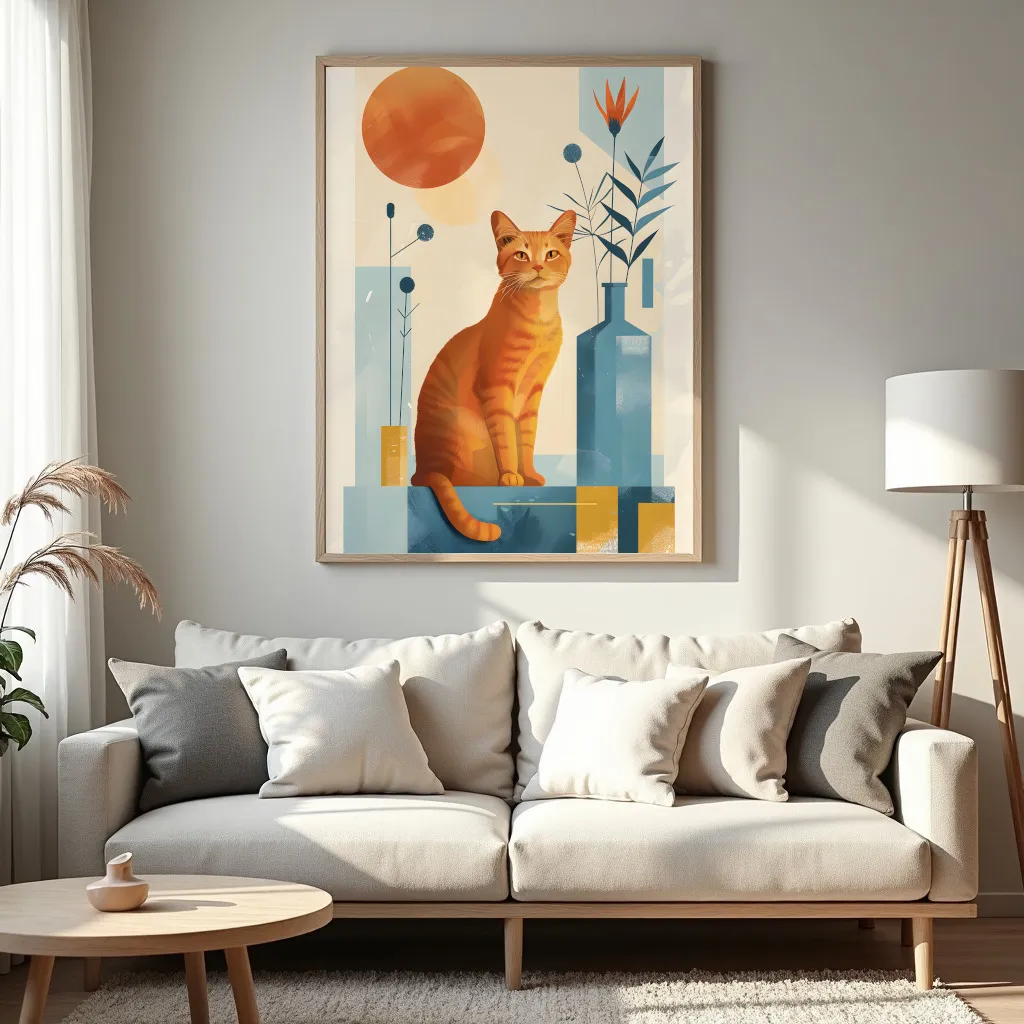 PixuPrint Stylized Cat Sitting Floor Surrounded Boho