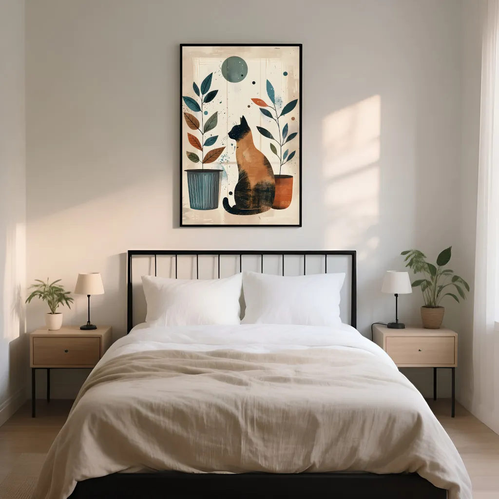 PixuPrint Cat Sitting Floor Potted Plants Boho