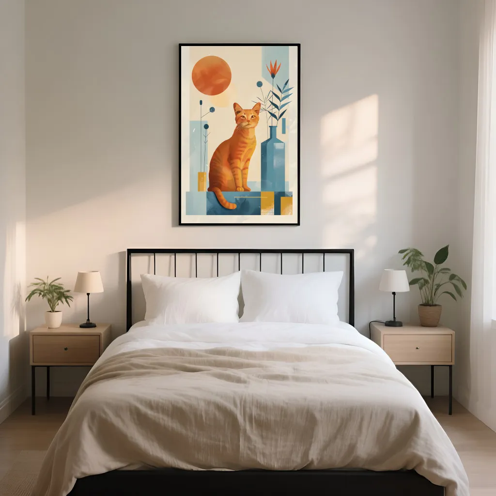 PixuPrint Stylized Cat Sitting Floor Surrounded Boho