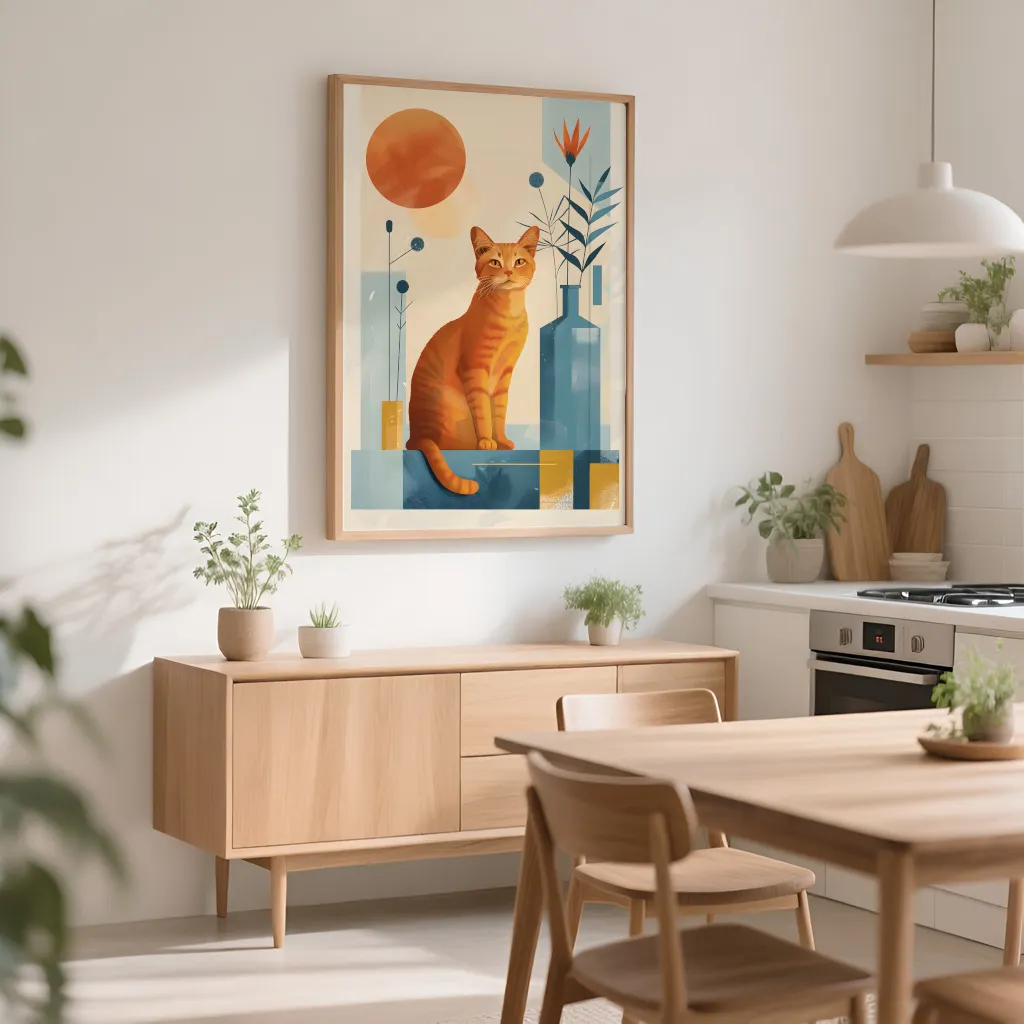 PixuPrint Stylized Cat Sitting Floor Surrounded Boho