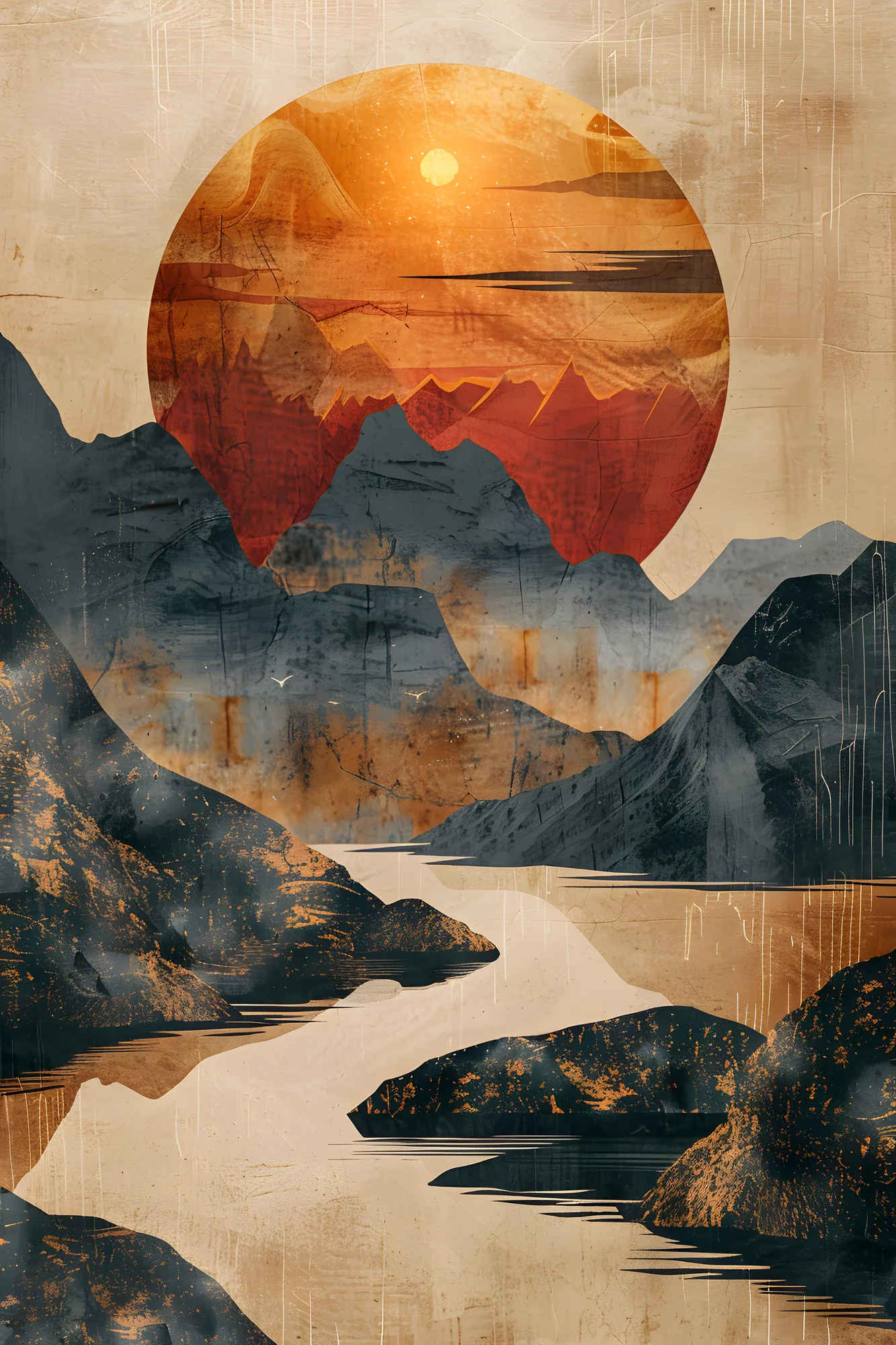 PixuPrint Abstract Painting Sun Setting Behind Boho