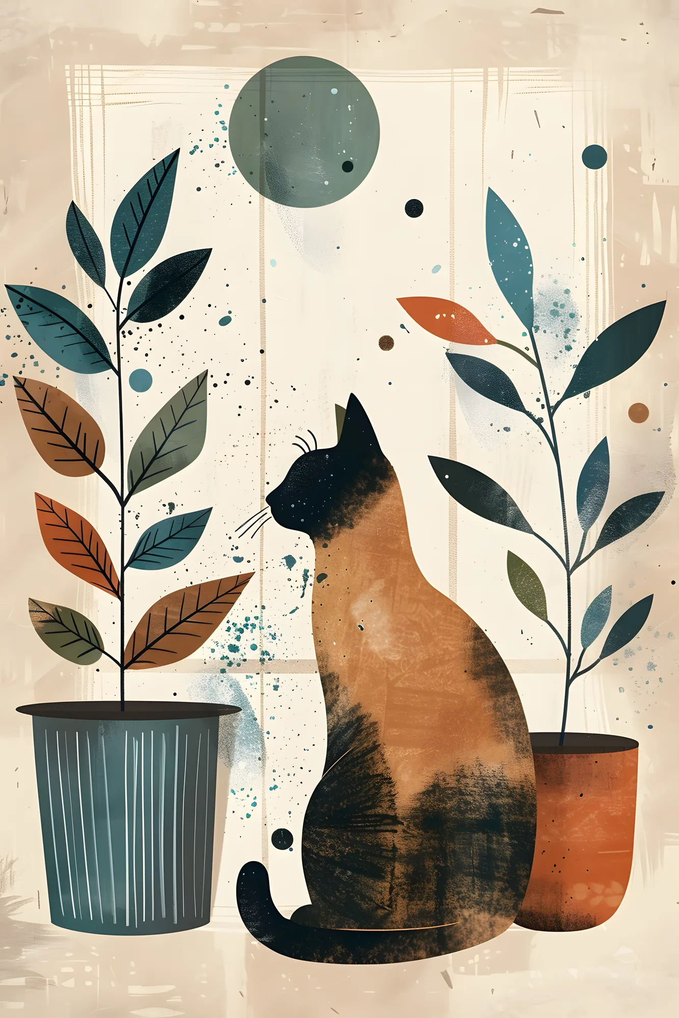 PixuPrint Cat Sitting Floor Potted Plants Boho