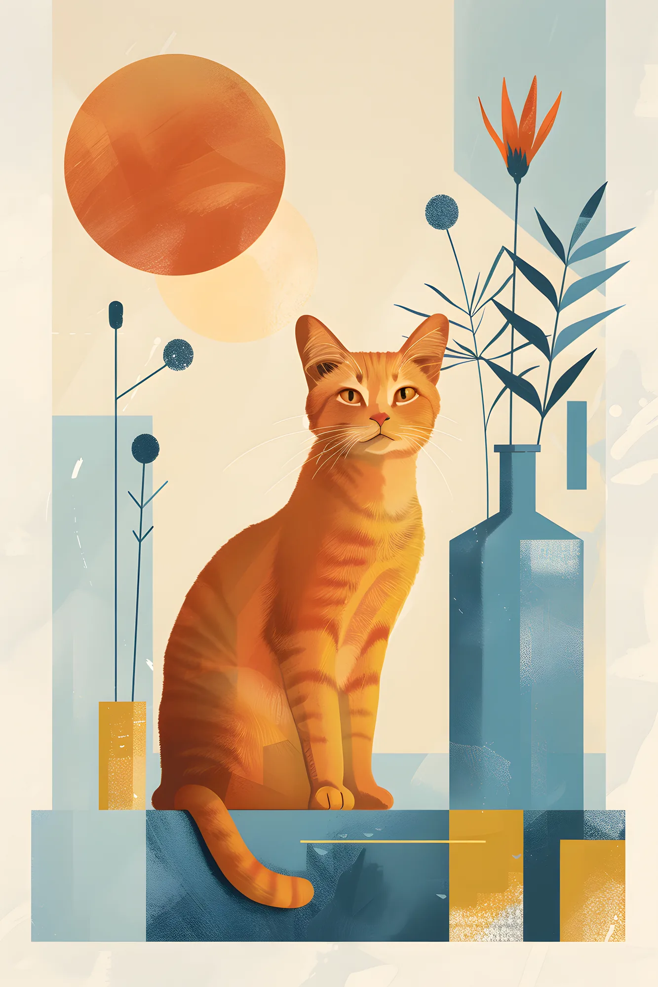 PixuPrint Stylized Cat Sitting Floor Surrounded Boho